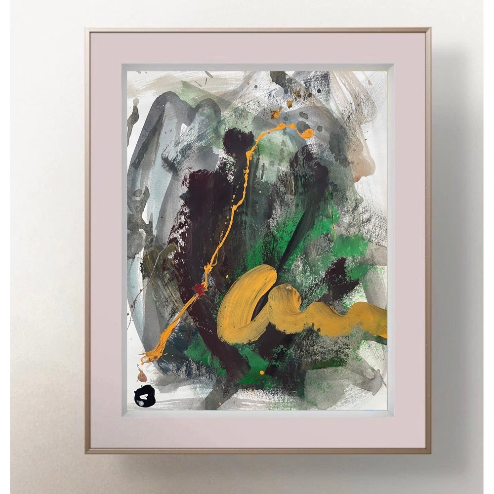 OMAN Original Abstract Expressionist Painting Green Yellow Spiritual Art 8.5x11